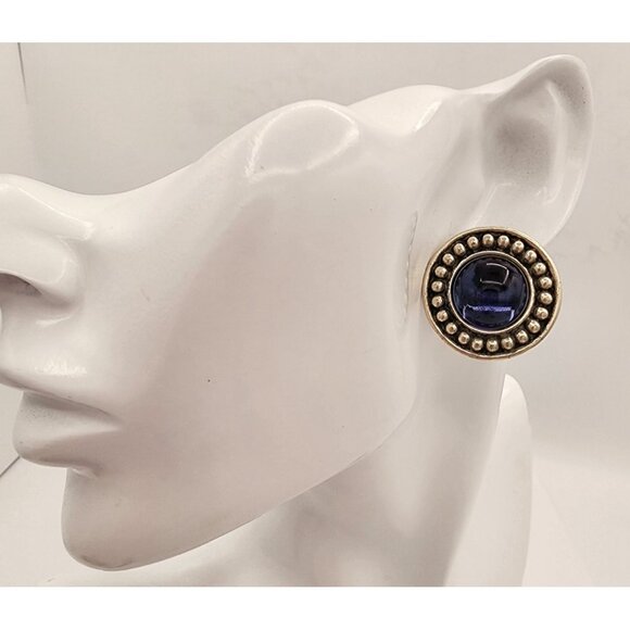 GORGEOUS Vintage Silver Ocean Blue Cabochon Signed Clip-On Earrings Beaded Trim - Picture 3 of 6